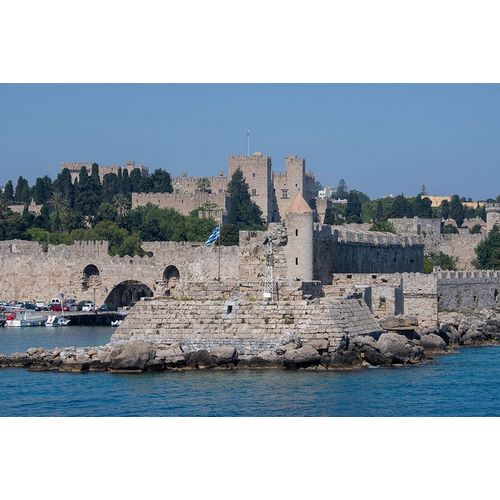 Greece-Rhodes Aegean Sea harbor view of the walled medieval Old Town UNESCO